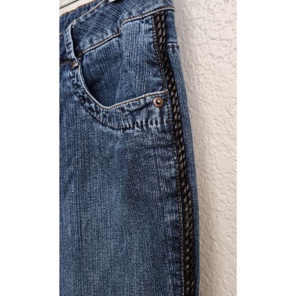 Coldwater Creek Blue Black Leather "Braided Look" Seams Jeans 14P Lightweight - Picture 2 of 7